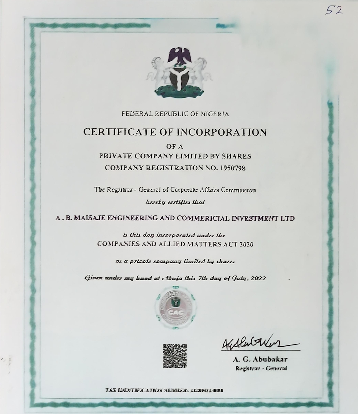 CAC Certificate of Incorporation